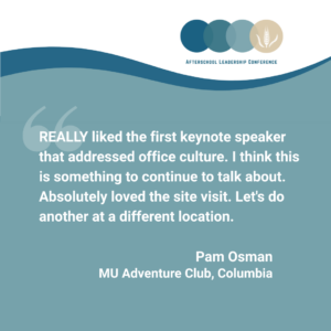 REALLY liked the first keynote speaker that addressed office culture. I think this is something to continue to talk about. Absolutely loved the site visit. Let's do another at a different location.