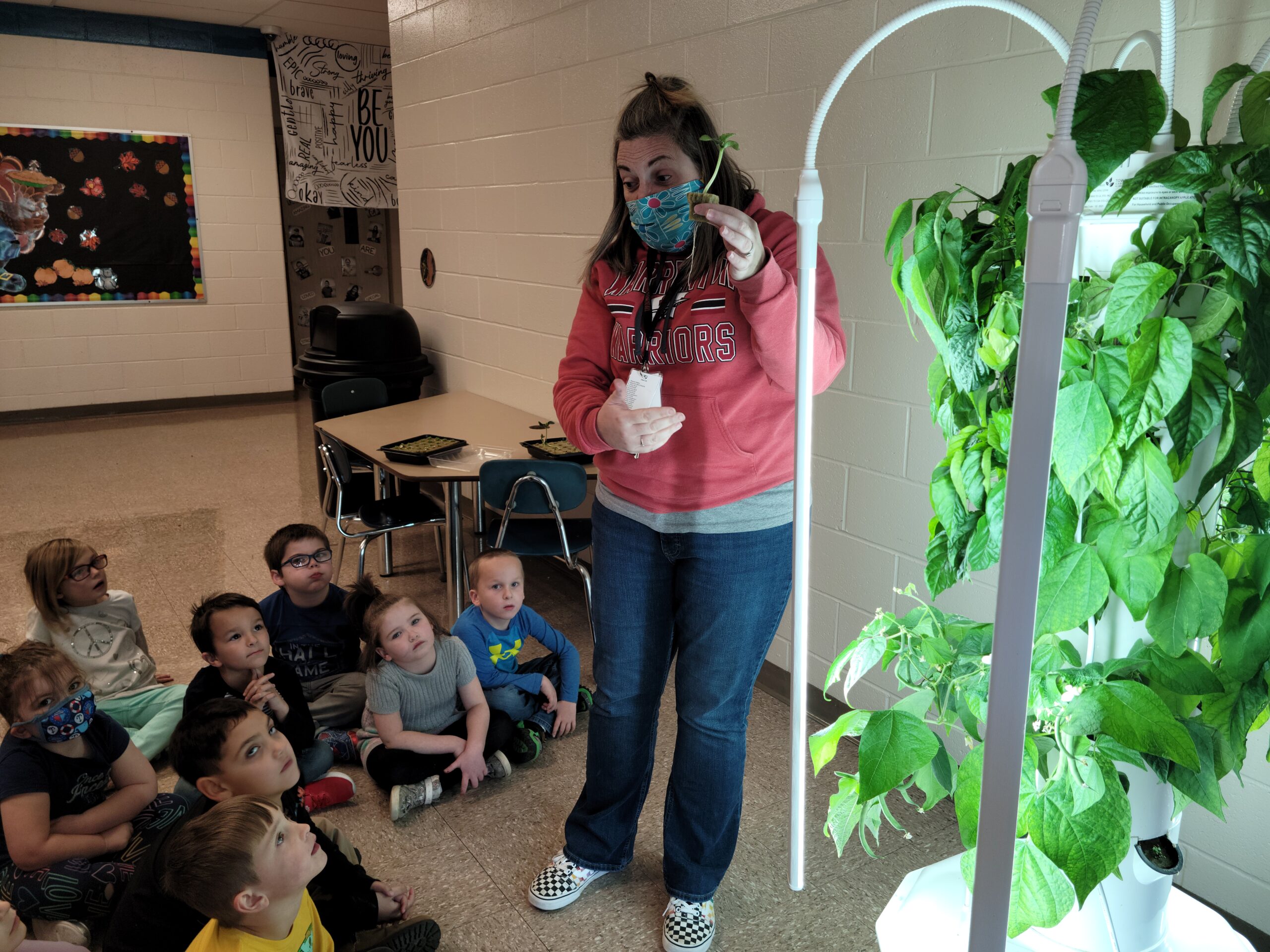 Teacher showing tower gardens to students.